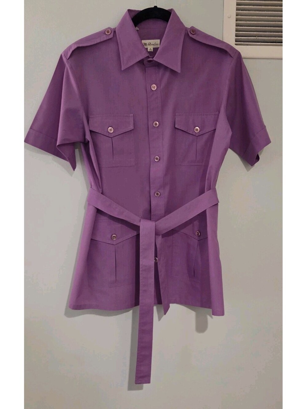 Mc Romes Medium 15 - 15 1/2 Safari Style Button Up Shirt Vintage 70s Belted